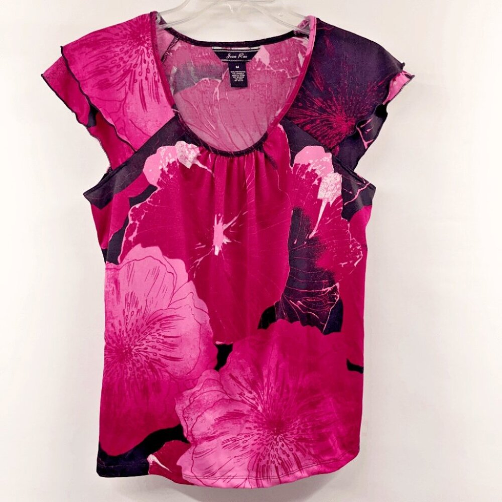Vintage Joza Rae Women's Size M Pink Floral Blouse Top Short Petal Sleeve Y2K